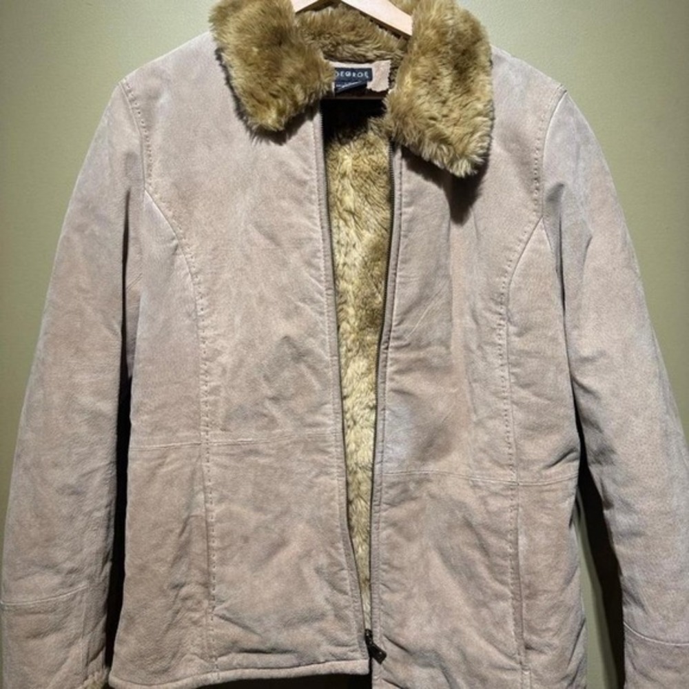 Y2K Vintage Leather Suede  Faux Fur‎ Jacket Coat Women L rare